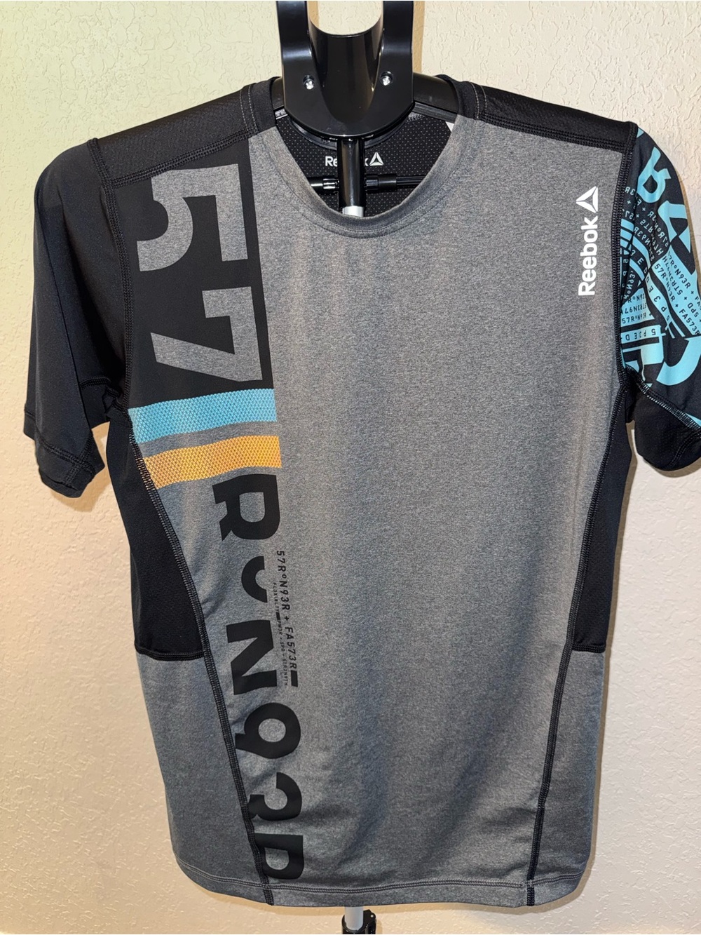 Reebok Gray Performance Tee with Black, Teal & Yellow Accents